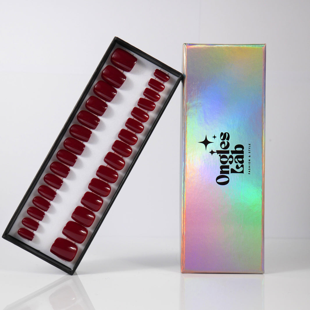 Kit Faux Ongles Press On - 24 Ongles + Colle + Gel Pad - Rouge Bordeaux Brillant - Long