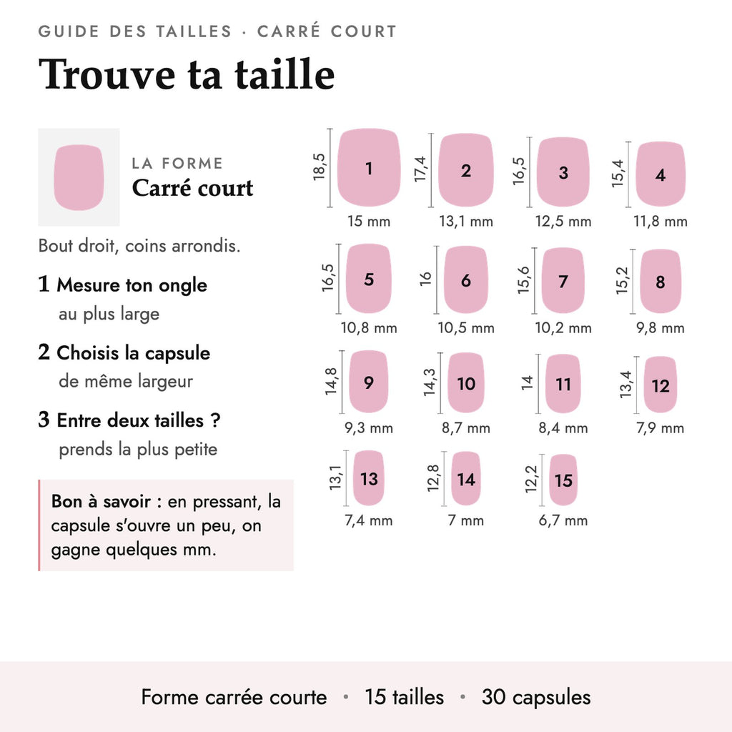 Guide des tailles forme Carré court